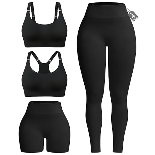 leviace 4-Piece Workout Sets for Women - with Butt Lifting Shorts & Leggings 2 Seamless Ribbed Sports Bras Gym Outfits Matching Athletic Set Padded Bra Top for Yoga Pilates Fitness Clothing Black M