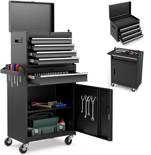 ERGOMASTER Tool Chest Heavy Duty Rolling Tool Box with Cabinet 5-Drawer for Lockable & Removable Cabinet for Garage and Workshop - Black