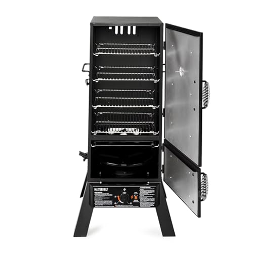Image of Masterbuilt 30-Inch Dual Fuel Propane & Charcoal Vertical Smoker with 730 Sq. In. Cooking Space, Push-Button Ignition, Temperature Gauge, 4 Smoking Racks, Black