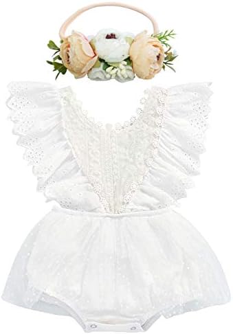 BGFKS Lace Ruffle Sleeve Romper Tutu for Baby Girl,Newborn Toddler Girls Bodysuit Tutu Dress with Flower Headband (White, 6-12 Months)