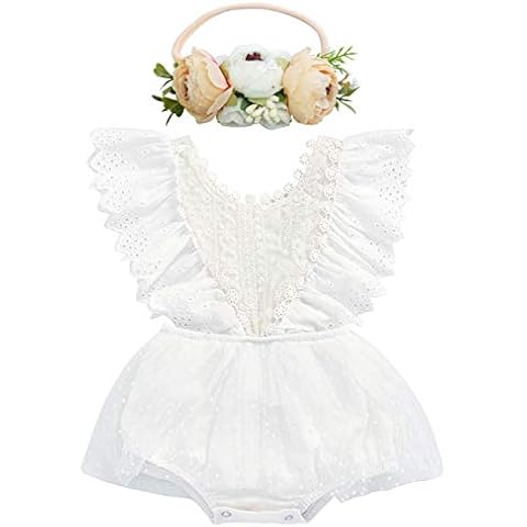 BGFKS Lace Ruffle Sleeve Romper Tutu for Baby Girl,Newborn Toddler Girls Bodysuit Tutu Dress with Flower Headband Cover