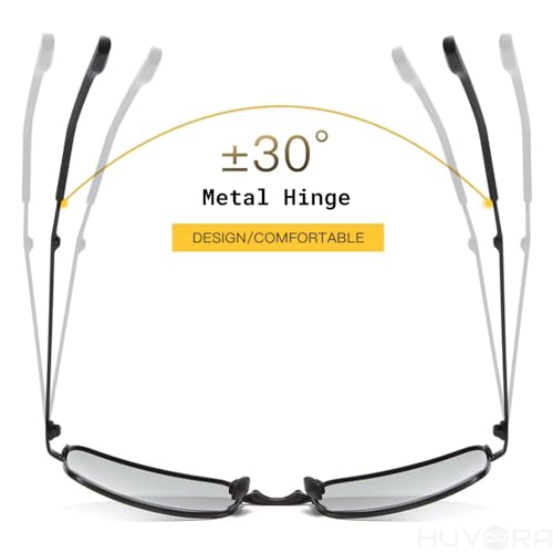 Image of HUVORA Foldable UV Protected Polarized Rectangular Sunglasses for Men Women Stylish Metal Frame Shades Sun Glasses Lightweight Photochromic Square Night Driving Goggles
