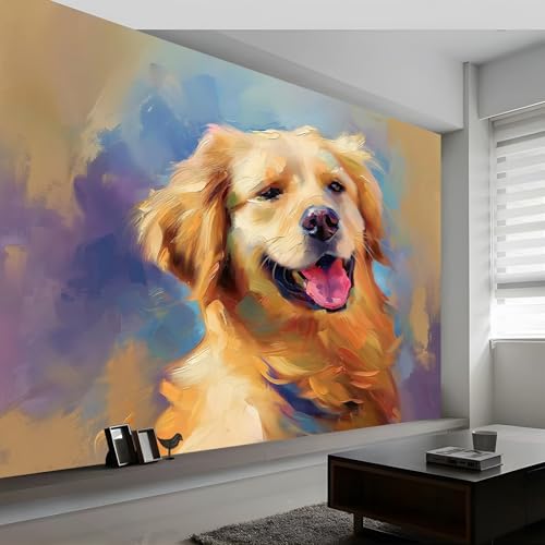 Papel Tapiz Fotográfico Estilo De Pintura Al Óleo, Retrato De Animales Mascota Golden Retriever Mural Fotográfico para Dormitorio y Habitación Infantil, Decoración de Pared, 200 x 140 cm Papel Tapiz