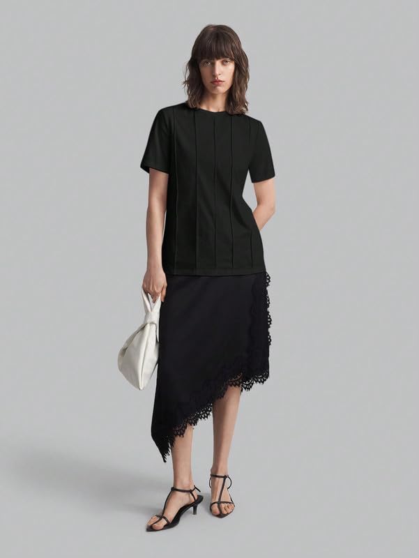Image of DTR FASHION Women's Pure Cotton Styled with Vertical Pintuck Pattern Solid T-Shirt | Western T-Shirts for Women
