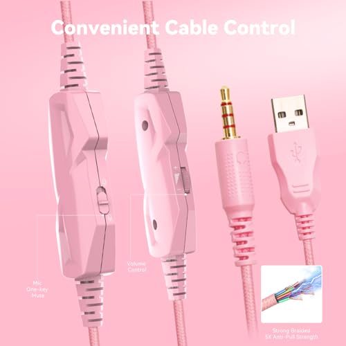 Image of Gaming Headset with Microphone for Pc, Xbox One Series X /s, Ps4, Ps5, Switch, Stereo Wired Noise Cancelling Over-Ear Headphones with Mic, RGB, for Computer, Laptop, Mac, Nintendo (Pink)