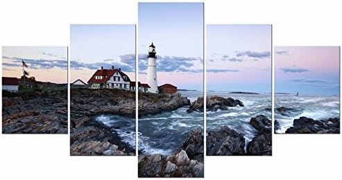 Wieco ArtLarge Canvas Prints Wall Art Portland Lighthouse Landscape Pictures to Photo Paintings for Kitchen Bathroom Home Decoration Wall Decor 5 Panels Modern Gallery Wrapped Seascape