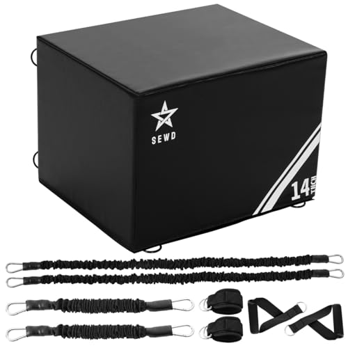 SEWD 3-in-1 Foam Plyometric Box, High Density Exercise Platform, 14-inch Multi-Functional Workout Box with Resistance Bands, Exercise Handle and Ankle Strap.