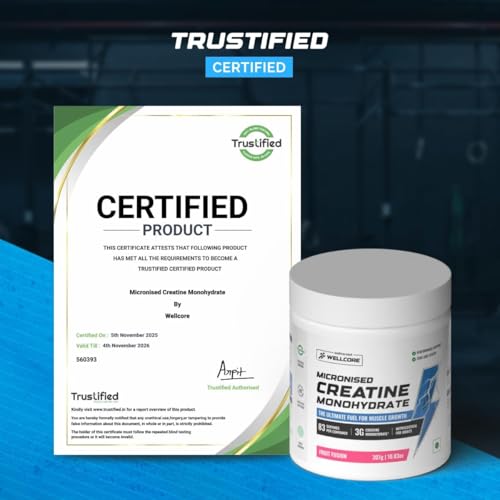 Image of Wellcore Pure Micronised Creatine Powder With Glass Bottle (83 Servings, Fruit Fusion) For Enhanced Muscle Strength With Rapid Absorption | Creatine Monohydrate | Wellcore Creatine Flavoured - 307g