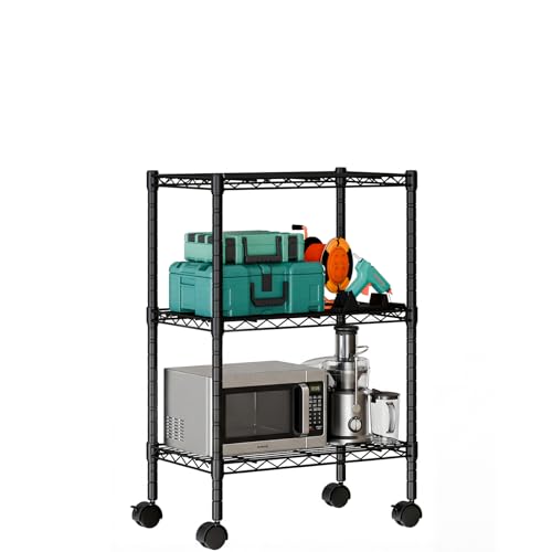 Image of DUMOS 3-Tier Metal Wire Storage Shelves, Adjustable Standing Storage Rack Shelf with Wheels, Heavy Duty Steel Shelving Unit Organizers for Kitchen Bathroom Pantry Garage, 23.1 inch Wx13.4 Dx30.2 H, Black