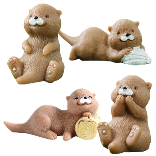Garneck Lot de 4 figurines de loutres miniatures – Petites figurines loutres en résine de qualité supérieure pour décoration de gâteau créative –...