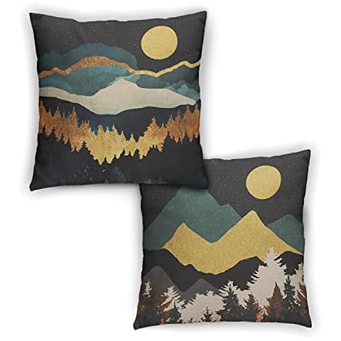 Mountain Throw Pillow Covers,Tree Pillow Cover Decorative Pillows Nature,Yellow Blue Black Camping Pillow Covers 18X18 Set of 2 Linen for Couch Sofa Cabin Decor Forest Pillow Case,Pillow Mountains Cover