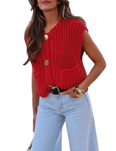 Women's Knit Sweater Vest Button Down Cardigan Cropped Style with Pockets