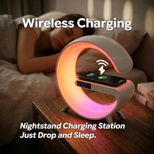 Image of 5 in 1 LED Table Lamp with Wireless Charging Bluetooth Speaker | App Controlled Night Light Alarm Clock for Christmas Birthday Gifts for Teens Adults Desk Office Bedroom Decor