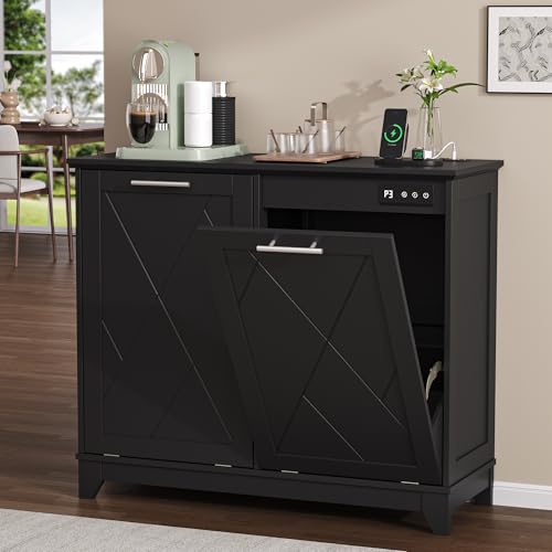 Image of Double Tilt Out Trash Can Cabinet with Charging Station, Negative Ion Odor Control, Hidden Dual 10-Gallon Recycling Cabinet, Dog Proof Garbage Can for Kitchen, Laundry, Dining Room,Black