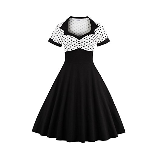 Damen Vintage Retro 1950er Elegant Party Knielang Cocktailkleid Rockabilly Dot Kurzarm Swing Kleid Black 3XL