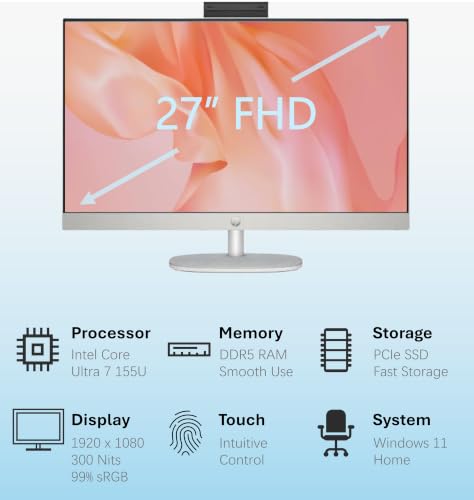 Image of HP 27 inch FHD IPS Touchscreen All-in-One Desktop, Intel Core Ultra 7 155U, 32GB DDR5 RAM, 2TB PCIe NVMe SSD, Windows 11 Pro, USB-C, HDMI, Ethernet, for Business & Office Productivity