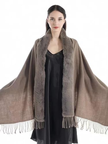 Women's Shawl Wrap, With Soft Plush Fur Trim, Cashmere Scarf With Fringe, 27.5 * 80 Inch
