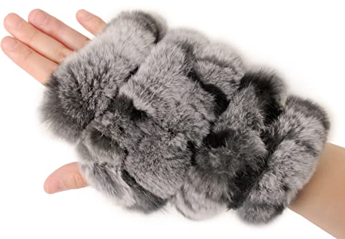 [三京商会] アーム ウォーマー 暖かい レディース レッキス ファー ニット ハンドウォーマー : ナチュラルグレーのサムネイル