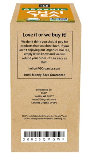 FGO Organic Chai Black Tea K-Cup Pods for Keurig, 24 Count (Pack of 1), Premium Black Tea with Chai Spice is USDA Organic, Non-GMO, & Recyclable with Naturally Occurring Caffeine