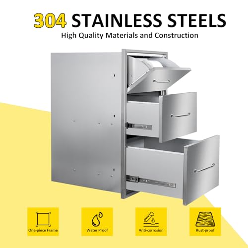 Image of Outdoor Kitchen Drawers with Paper Towel Holder 17 inch W x 30 inchH Flush Mount BBQ Drawers with Chrome Handle,Stainless Steel Built-in Triple Access Drawers for Outdoor Kitchen Island, Patio Grill Station