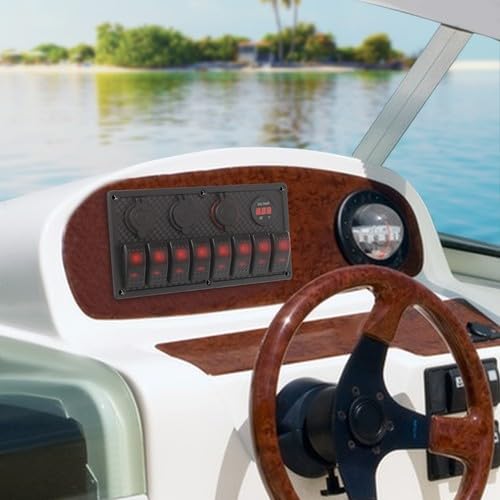 Panel de conmutación marina de 8 marchas, 12 V/24 V con interruptores LED, IP65 resistente al agua, para barco y yate, incluye voltímetro, puerto USB dual y encendedor de cigarrillos, panel