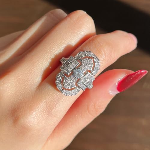 White Gold Plated Round Cubic Zirconia Inlaid Vintage Unique Hollow Design Statement Ring Personalized Accessory Ideal for Women's Daily Casual Wear Party Holiday Anniversary Love Jewelry Gift3