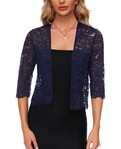 MINTLIMIT Women's Elegant 3/4 Sleeve Floral Lace Bolero Shrug Cropped Open Front Cardigan Shrug Tops2