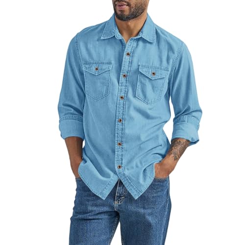 Camisa de hombre de manga larga, camisa de manga larga de denim para hombre, camisa de vaquero para hombre, camisa de trabajo, corte regular, vintage, para primavera y verano, camisa casual para