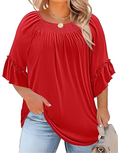 Image of Micoson Womens Plus Size Tops 3 /4 Ruffle Sleeve Crewneck Pleated Shirts