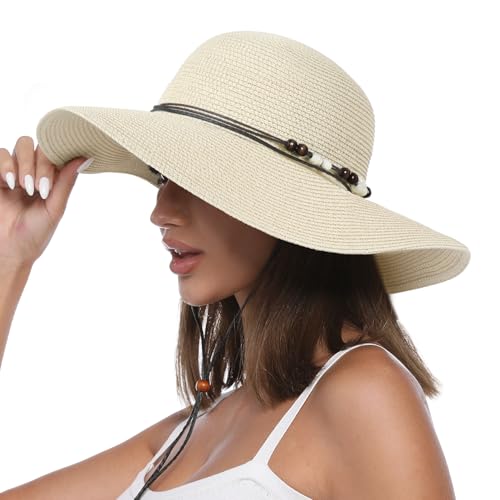 Creekstone Strohhut für Damen, Sonnenhut Breite Krempe, UPF 50+ UV Sonnenschutz, Faltbar Floppy Sommer-Strandhüte mit Windband (DE/NL/SE/PL, Alphanumerisch, L, Beige)