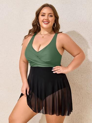 Womens Plus Size Swimsuit One Piece Bathing Suit Tummy Control Flowy Mesh Swim Dress V Neck Modest Swimwear 20253
