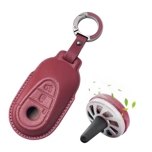 Image of Keyzone Premium Leather Key Cover & AC Vent Car Perfume Combo (4 Fragrances) | Compatible for Mercedes-Benz S, G, E-Class 2022+ 3-Button Smart Key | Perfect for Gifting (Wine Red)