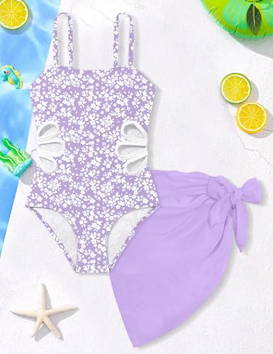 Image of Girls Swimsuit Adjustable Straps Cut Out One Piece Bathing Suit with Solid Color Cover Up Skirt Girls' Swimwear 5-16Y