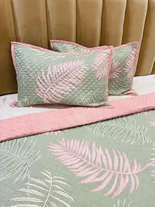 Furnistitchs Cotton Feel Quilted Ultrasonic Bedcover Bedsheet Quilt Bedspread with 2 King Size Pillow Covers 90 x 100 inches / 228 x 248 cms - Decorative Bed Cover King Size (Pastel Green Ferns)