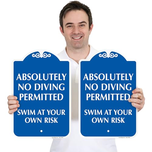 SmartSign 2-Pack Designer “Absolutely No Diving Permitted, Swim At Your Own Risk” Sign, 18 x 12 inch Pool Rule Sign, 120 mil Aluminum Composite (ACM) with Overcoat, Blue/White