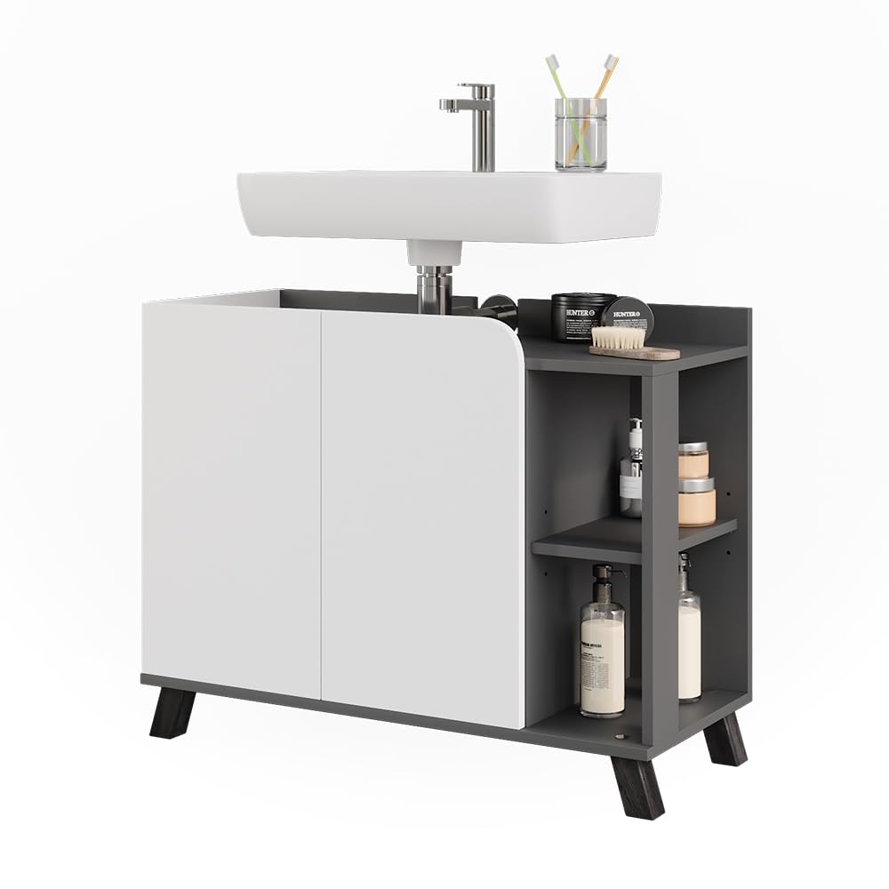 Vicco Mobiletto per lavabo Karen, Antracite/bianco, 80 x 65 cm con 2 porte, per una conservazione salvaspazio sotto il lavandino