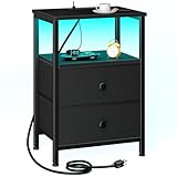 LOAKEKEL LED Night Stand with Charging Station, Small Bedside Table with USB Ports & Outlets, 2 Fabric Storage Drawers with PU Finish for Bedroom, Black, HETS02BK-1