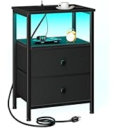LOAKEKEL Nightstand with Charging Station, End Table with 2 Fabric Drawers, LED Night Stand for B...
