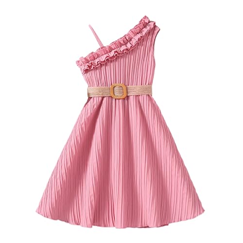 Generisch Vestido de verano para niñas, vestido para niños, vestido de primavera y verano, con tiras, volantes, de un solo color, princesa, vestido casual para niñas con cinturón, Rosa., 9 10 años