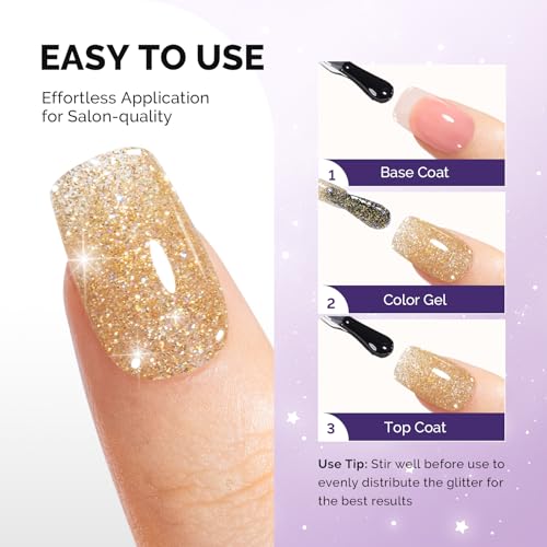 Image of MelodySusie Galaliver Gold Glitter Gel Nail Polish, 15ML Shimmer Gold Sparkle Gel Polish Soak Off UV LED Cured Long Lasting Gift for Women DIY Nail Design Nail Art Manicure X02