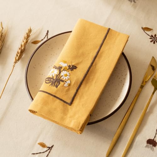 Image of Golden Daisy Embroidered Cotton Napkins Set of 6, 16x16 Inch, Floral Yellow Flower Dinner & Cocktail Napkins, Reusable Machine Washable Cloth Napkins for Dining Table, Tea Party & Home Decor
