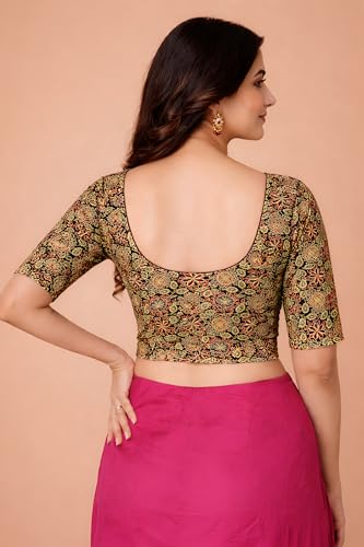 Image of Amazon Brand - Anarva Women's Kalamkari Print Cotton Stretchable Round Neck Readymade Saree Blouse