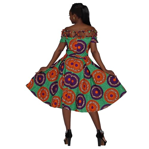 Image of XIAOHUAGUA African Dresses for Women Cotton Cutout Neck Short Sleeve Ankara Dashiki Cocktail Party A-Line Flare Dress