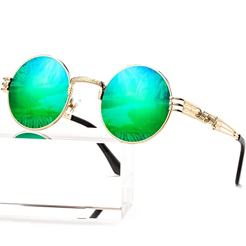 AIEYEZO Round Steampunk Sunglasses John Lennon Hippie Glasses Metal Frame 100% UV Blocking Lens (Gold/Green Mirror)
