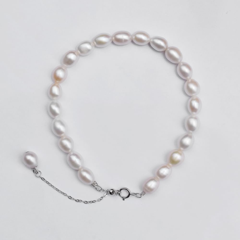 Corben Freshwater Pearl Bracelet for Women AAA+ Quality 6.7-8.4IN With a 2-inch Extension Chain Silver Pearl Bracelet S925 Silver Adjustable Buckle Ladies' Holiday Gifts