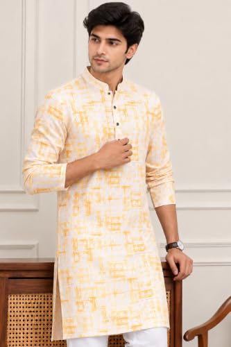 Image of FOXDX Men's Cotton Kurta, Ethnic Printed Kurta for Perfect Ethnic Look, Stand Collar Long Sleeve Casual Printed Regular Long Kurta