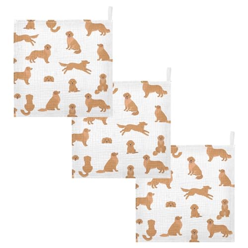 Image of Curbs Baby Washcloths Cartoon Puppy Different Poses, Golden Retriever Dogs Burp Cloths Face Towel Cotton Soft Absorbent Wash Wipe Towels for Newborn Infant Baby, 3 Pack