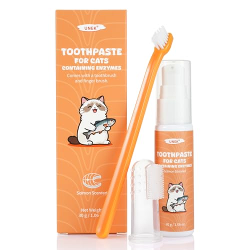 UNEK Zahnpflege-Set für Katzen – Enzymatische Zahnpasta 30 g mit Lachsgeschmack, inklusive Zahnbürste und Fingerbürste, hilft bei der Reduktion von Plaque und Mundgeruch