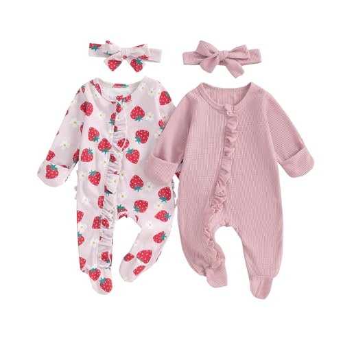 Image of Baby Girl Footies Newborn Zipper Sleeper 2 Pack Ruffle Pajamas Romper Coming Home Outfit (Pink&Strawberry,0-3 Months)