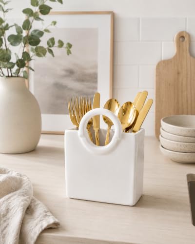 Image of Ceramic Utensil Holder, White Kitchen Organiser, Cutlery Set Holder (White)